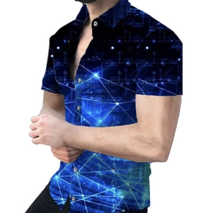 Detail of classic lapel collar on men shirt with digital geometric pattern print