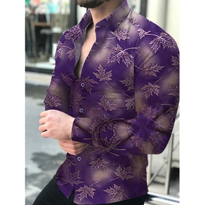 Men's slim fit purple long sleeve shirt with golden maple leaf print and button-down collar