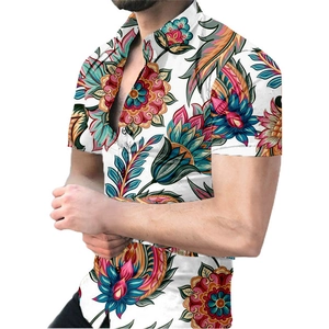 Men's bohemian short sleeve shirt with colorful mandala digital floral pattern print