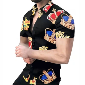 Men's slim fit short sleeve shirt with vibrant crown digital print on black fabric
