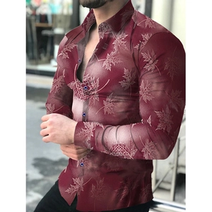 Men's slim fit long sleeve casual shirt with white maple leaf print on burgundy fabric