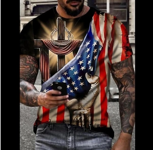Men's T-shirt with religious cross and American flag 3D digital print design