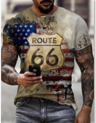 Men's retro Route 66 T-shirt featuring American flag print and vintage street style