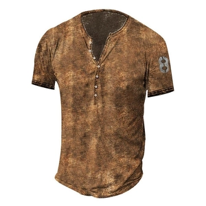 Men's vintage Henley t-shirt with rusty texture print and seven-button placket