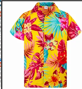 Men's yellow Hawaiian short sleeve shirt with 3D floral and pineapple tropical prints