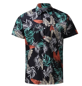 Men's short sleeve shirt with tropical floral leaf print on black base, casual summer fit