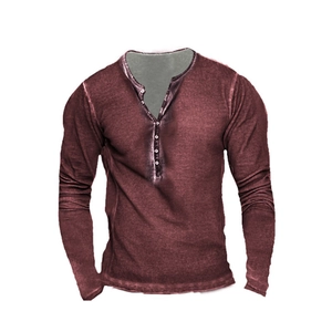 Men's vintage washed rust red long sleeve Henley shirt with buttoned neck design