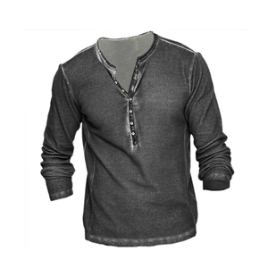Men Retro Washed Henley Shirt Long Sleeve Casual Graphic Digital Printed Polyester T-Shirt Vintage Faded Fashion Top