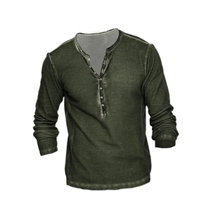 Men's vintage olive green washed Henley shirt with long sleeves and buttons