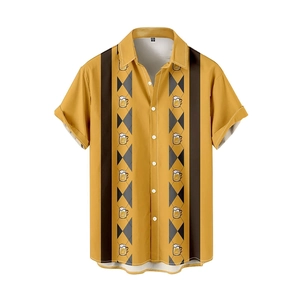 Men's casual short sleeve shirt featuring yellow retro stripes and beer mug patterns