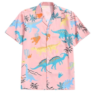 Men's casual short sleeve shirt featuring colorful dinosaur and tropical palm prints