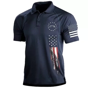 Heren polo shirt donkerblauw met 1776 Amerikaanse vlag opdruk en casual 3D camouflage