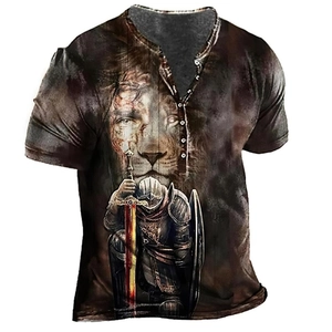 Men's Vintage Henley Shirt Short Sleeve 3D Knight Pirate World Map Printed Casual Slim Fit Button Summer T-Shirt Top