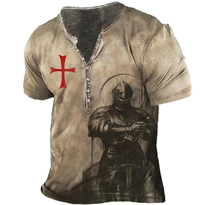 3D digital print mens short sleeve Henley shirt with medieval Knight Templar cross design