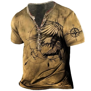 Detail view of 3D eagle print and compass design on vintage brown Henley shirt