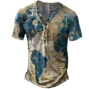 Detail of vintage world map print on men's short sleeve Henley shirt with three buttons
