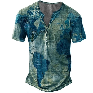 Detailed view of the vintage world map print and 3-button neckline on the Henley shirt