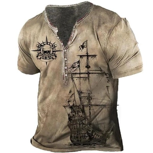 Vintage brown pirate themed men's Henley shirt with detailed sailing ship and skull print