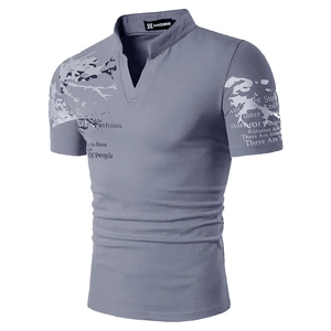 Men's grey 3D digital print short sleeve polo shirt with v-neck and floral graphics