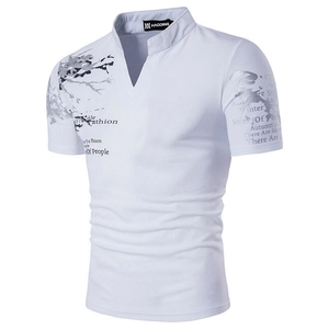 Men's white polo shirt with unique 3D tree print and stand-up collar casual summer top