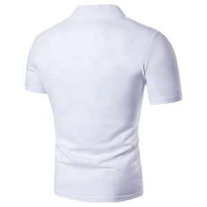 Detailed view of white men's slim fit T-shirt with stand collar and minimalist sleeve text