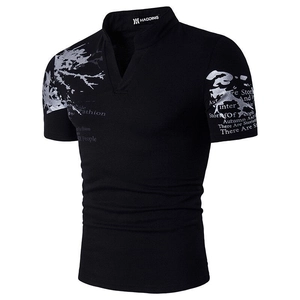 Men's slim fit black polo shirt with abstract 3D tree print and artistic text motifs
