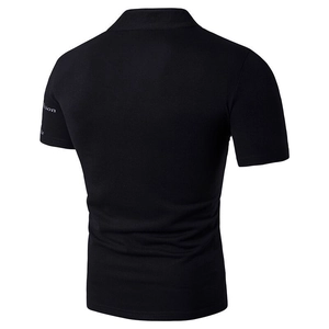 Rear view of black slim-fit T-shirt showing clean cut and sleeve text print detail