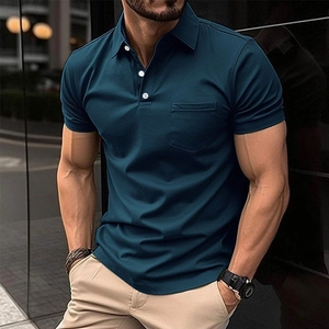 Men's slim fit short sleeve polo shirt in navy blue with chest pocket and white buttons