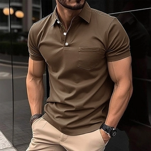 Slim fit men's brown polo shirt with short sleeves and chest pocket in urban setting