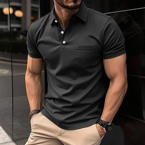 Men's slim fit short sleeve polo shirt in charcoal grey with chest pocket and white buttons