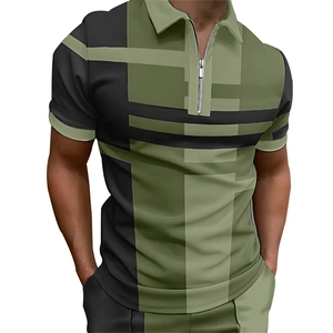 Men's Casual Short Sleeve Polo Shirt Geometric Color Block Patchwork Zipper Lapel Summer Sporty Breathable Polyester Top