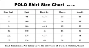 Detailed size chart for men's striped polo shirt including bust and shoulder dimensions