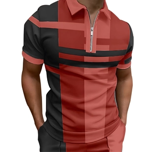 Men's slim fit short sleeve polo shirt with red and black geometric color block design