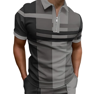 Men's slim fit polo shirt with half-zipper and gray geometric color block stripes