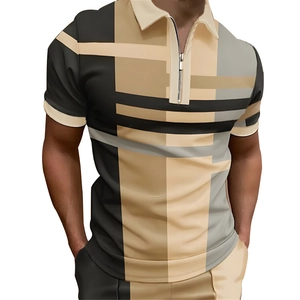 Men's short sleeve polo shirt featuring geometric color-block patterns and zipper neck