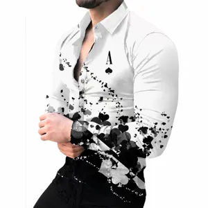 Men's slim fit long sleeve shirt with creative black spade ace digital print pattern