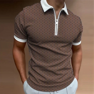 Detail of vintage geometric diamond print polo shirt with white contrast collar and zipper
