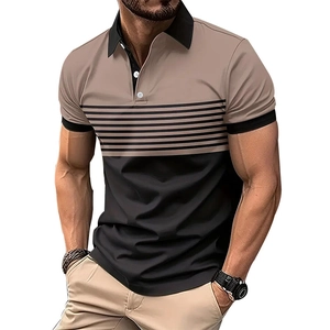 Detail view of men's polo shirt featuring khaki and black color-block with stripe patterns
