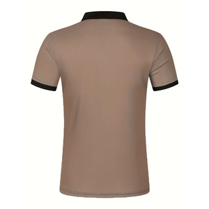 Men's khaki short sleeve Polo shirt with black rib knit trim and 3D line texture back view