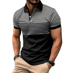 Men's polo shirt with grey and black patchwork 3D stripe design on white background