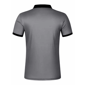 Back view of men's grey short-sleeve Polo shirt with black rib trim and breathable fabric
