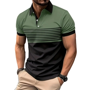 Men's slim fit dark green Polo shirt with creative 3D linear patterns and black collar
