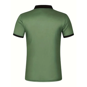 Back view of a men's olive green polo shirt with breathable mesh fabric and black trim