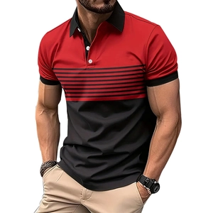 Detail of red and black polo shirt with striped chest pattern and white buttons