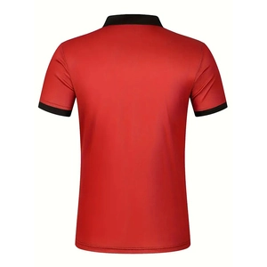 Back view of red men's polo shirt with black contrasting collar and breathable mesh texture