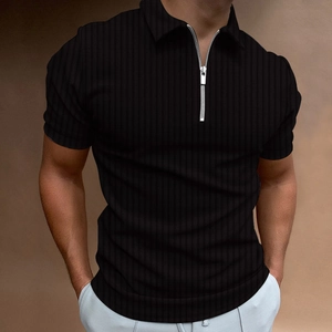 Men's Casual Slim Fit Striped Polo Shirt Zipper Lapel Collar Short Sleeve Ribbed Knitted Summer Top For Male