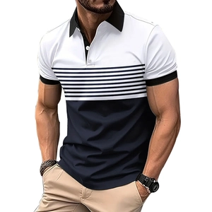 Close-up of a men's polo shirt featuring a tri-color block design and striped chest pattern