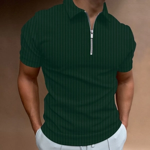 Men's dark green slim fit ribbed polo shirt with silver zipper neck and stripe texture
