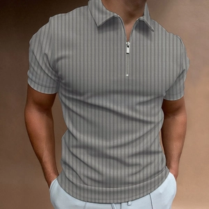 Men's grey slim fit short sleeve polo shirt with zipper lapel and vertical ribbed texture