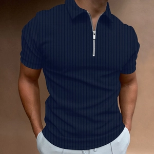 Men's slim fit navy blue short sleeve polo shirt with vertical stripes and zipper collar
